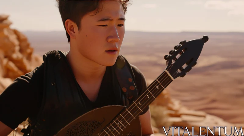 Passionate Asian Man Playing Guitar in the Desert AI Image