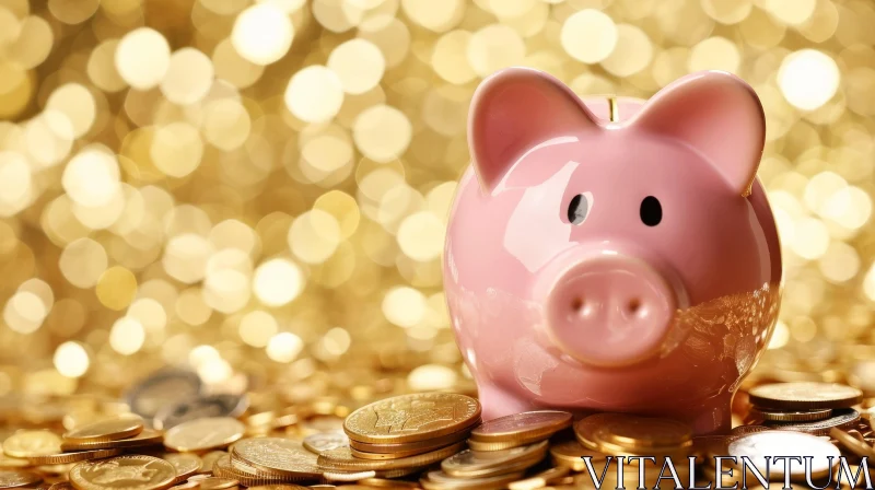 Pink Piggy Bank on Gold Coins | Ceramic Money Box Image AI Image