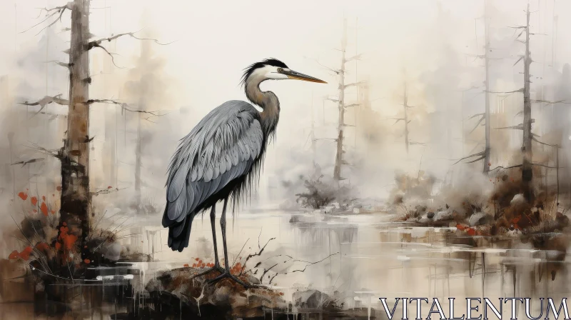 Realistic Painting of Great Blue Heron in Misty Forest AI Image