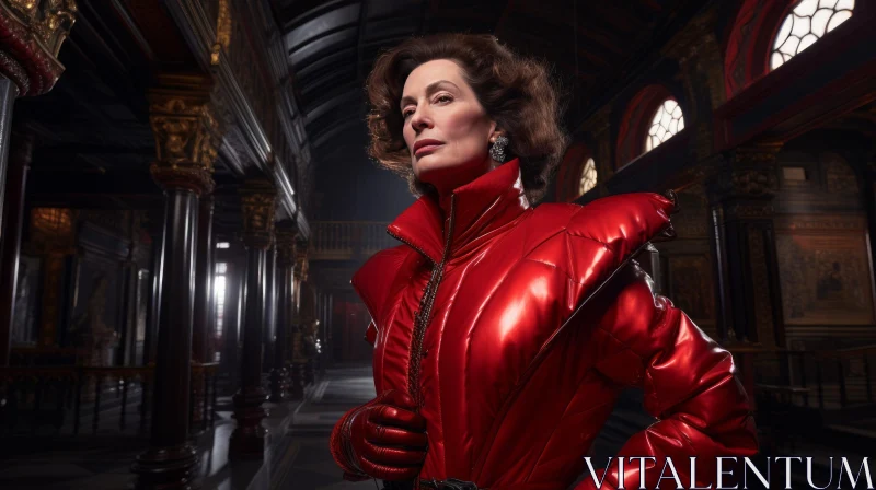 Serious Woman in Red Leather Jacket AI Image