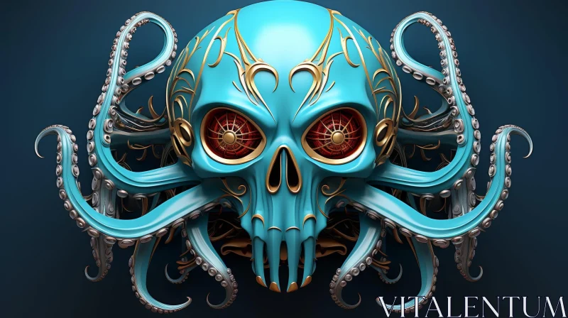 Blue Skull with Octopus Tentacles | 3D Rendering AI Image