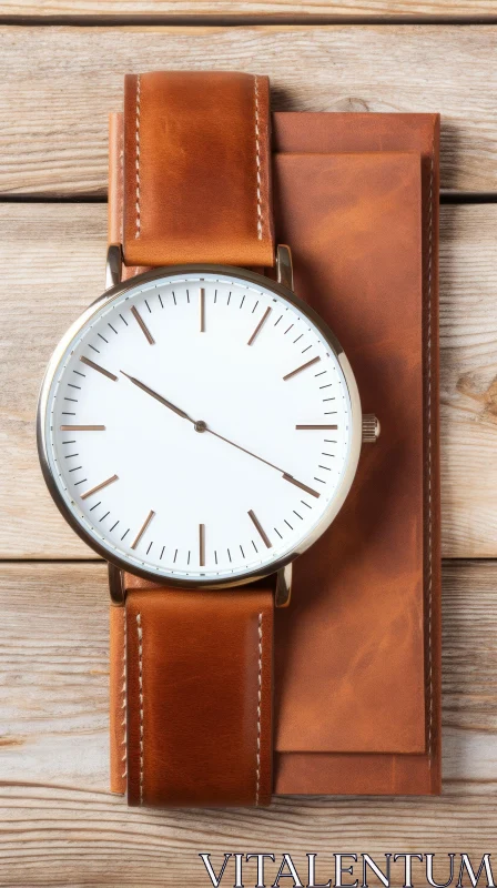 Brown Leather Watch and Wallet Set on Wooden Background AI Image