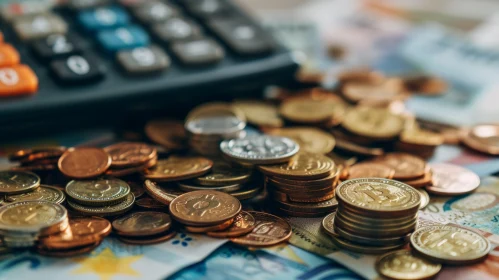 Close-up Photograph of Coins and Calculator on Black Background