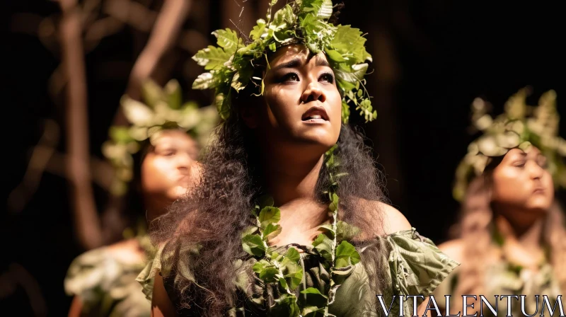 Enchanting Portrait of a Woman in a Green Dress | Polynesian Dance AI Image