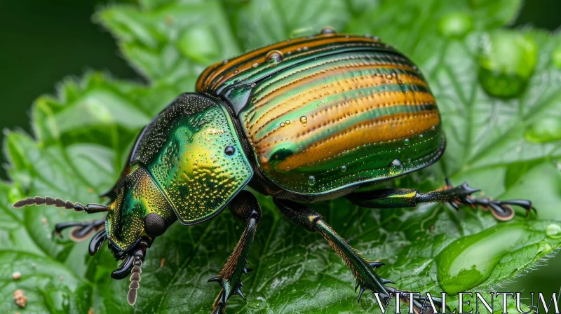 AI ART Green Scarab Beetle Close-up on Leaf