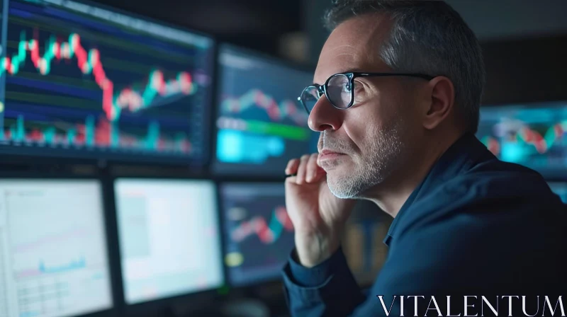 Intense Stock Trader Analyzing Market Data on Computer Screens AI Image