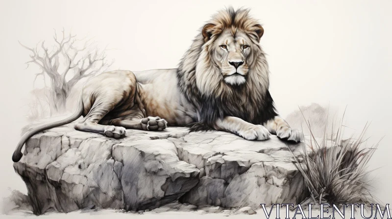 Realistic Lion Resting on Rock - Digital Painting AI Image