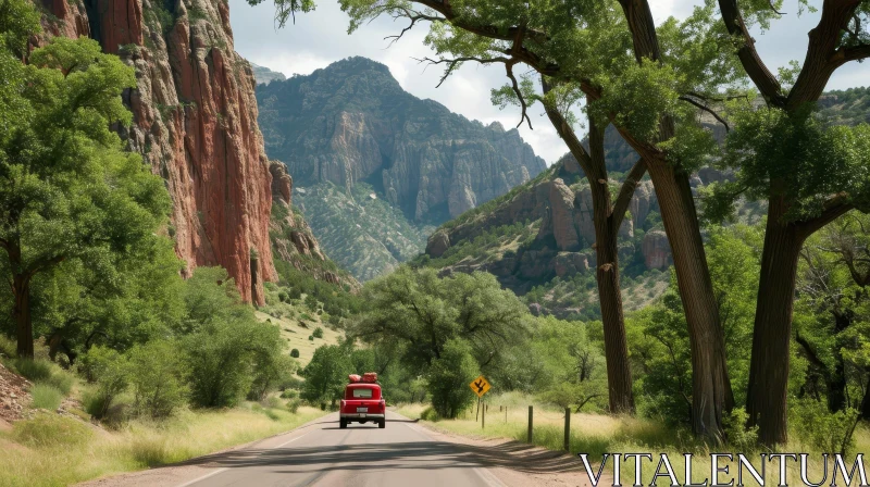 Scenic Red Truck Driving Adventure in Canyon Landscape AI Image
