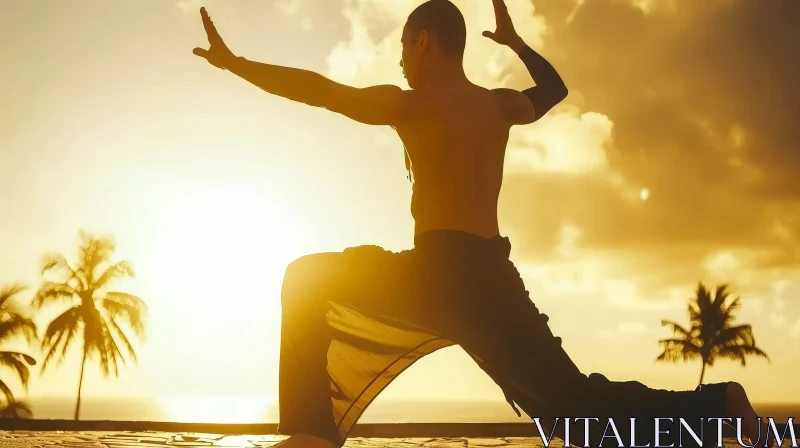 Silhouette of Man Practicing Kung Fu on Beach at Sunset AI Image