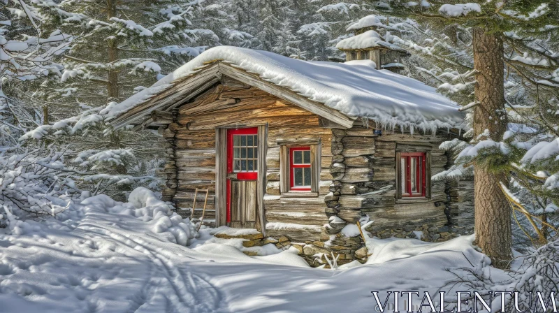 Snowy Forest Cabin: A Rustic Retreat in Nature AI Image