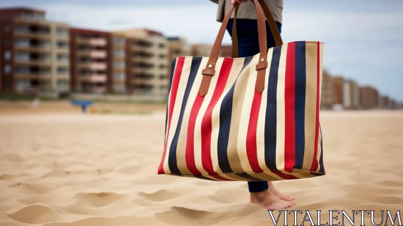 Striped Beach Bag Fashion on Sandy Beach AI Image
