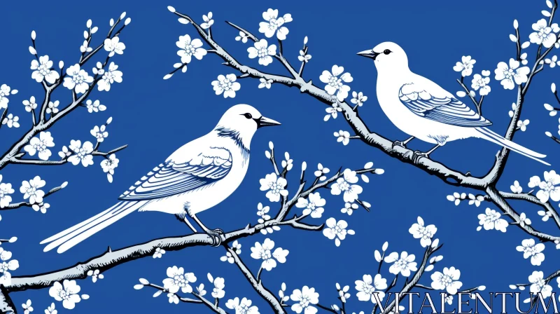 Tranquil Chinoiserie Birds and Cherry Blossoms Image AI Image