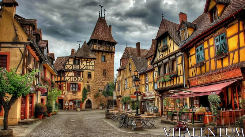 AI ART Tranquil European Town Streetscape | Half-Timbered Buildings