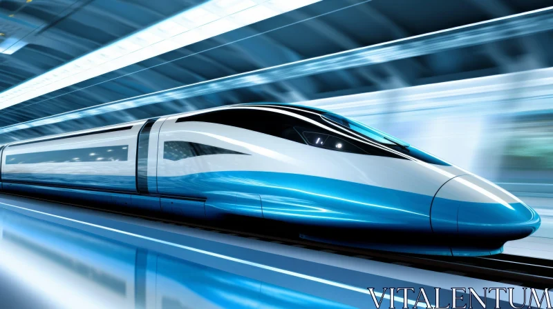 Blue and White High-Speed Train in Futuristic Tunnel AI Image