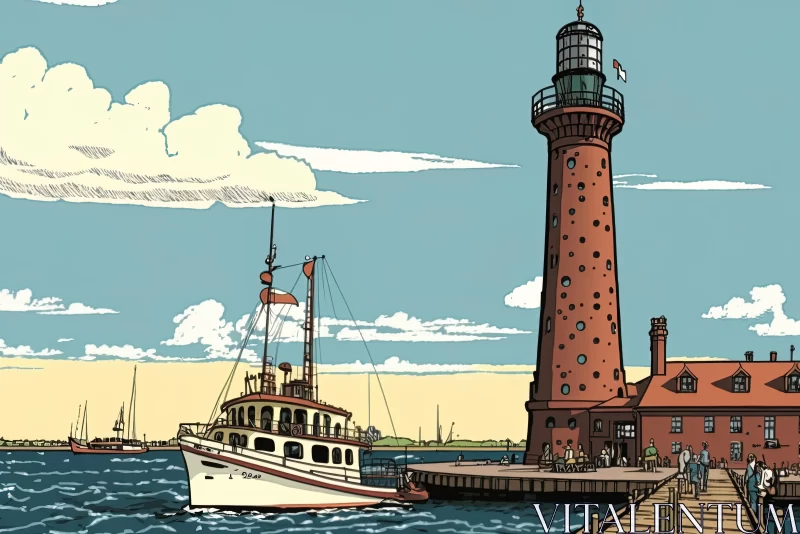 Captivating Lighthouse and Boat Illustration in Comic Book Style AI Image