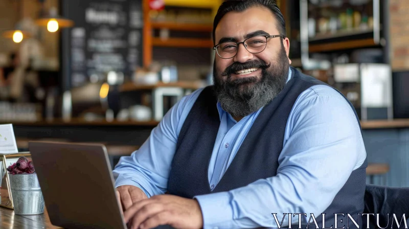 Cheerful Bearded Man in a Cozy Cafe | Laptop | Blue Shirt AI Image