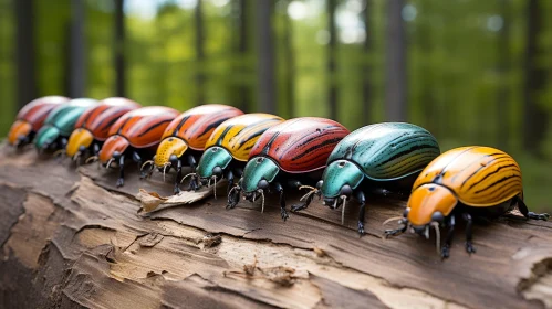 Colorful Beetles on Tree Trunk - Nature Close-Up
