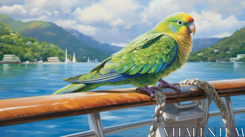 Colorful Parrot Painting with Seascape and Mountains AI Image