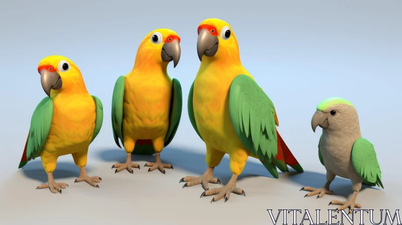 Colorful Parrots Group on White Surface AI Image