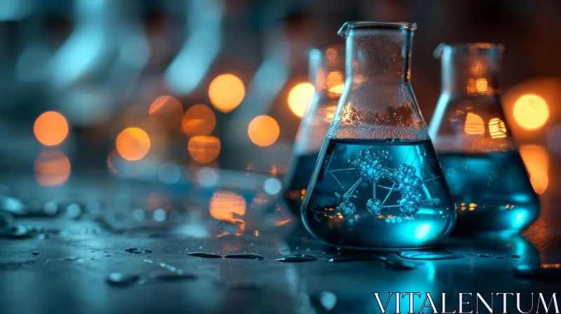 Glass Beakers with Blue Liquid on Laboratory Table AI Image