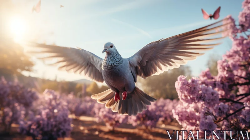 Graceful White Pigeon Flight Over Meadow with Pink Flowers AI Image