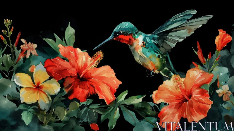 AI ART Hummingbird and Hibiscus Watercolor Painting