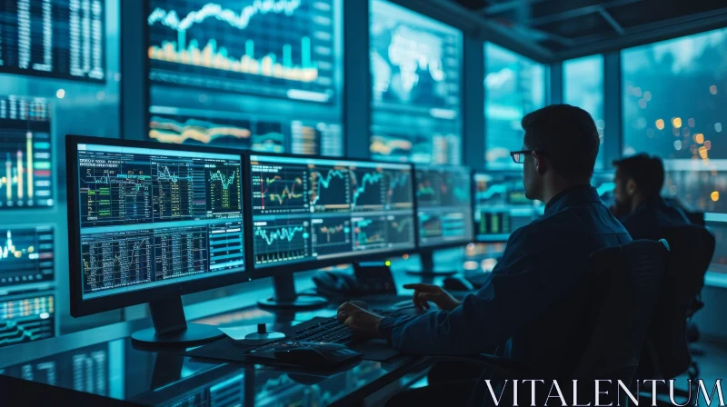 Intense Stock Trader in a Dimly Lit Room AI Image