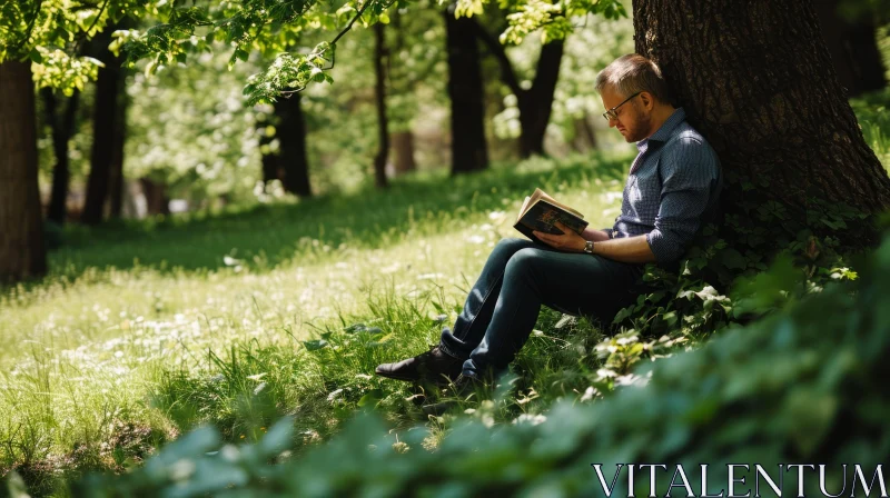 Man Reading a Book in a Peaceful Park AI Image