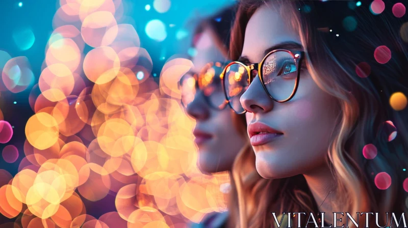 AI ART Pensive Woman with Glasses Lost in Thought | Dreamlike Bokeh Lights