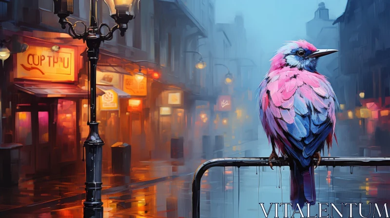 Realistic Painting of a Bird on a Rainy City Street AI Image