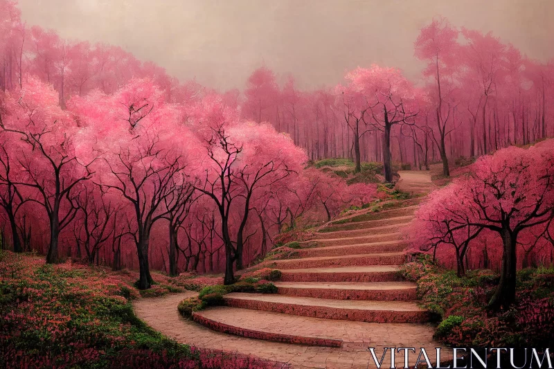 AI ART Staircase into a Pink Tree-Filled Forest: Captivating Realistic Landscape Art