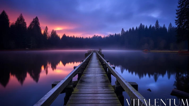 Tranquil Lake Dock with Reflective Sky AI Image