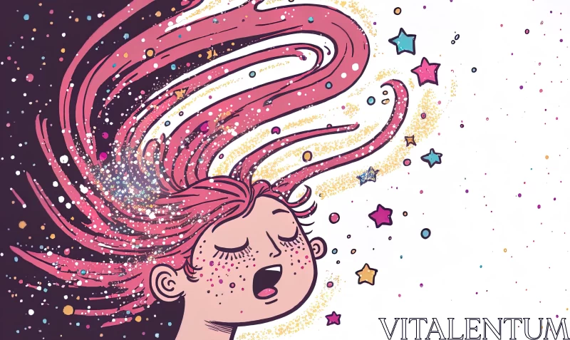 AI ART Vibrant Girl with Pink Hair and Sprinkling Stars - Whimsical Comic Strip Style