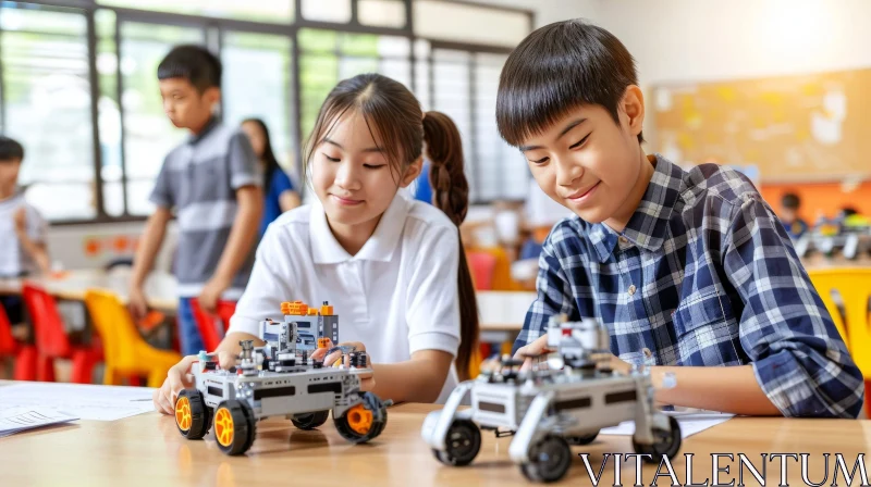 Adorable Asian Children in a Classroom with a Robot AI Image