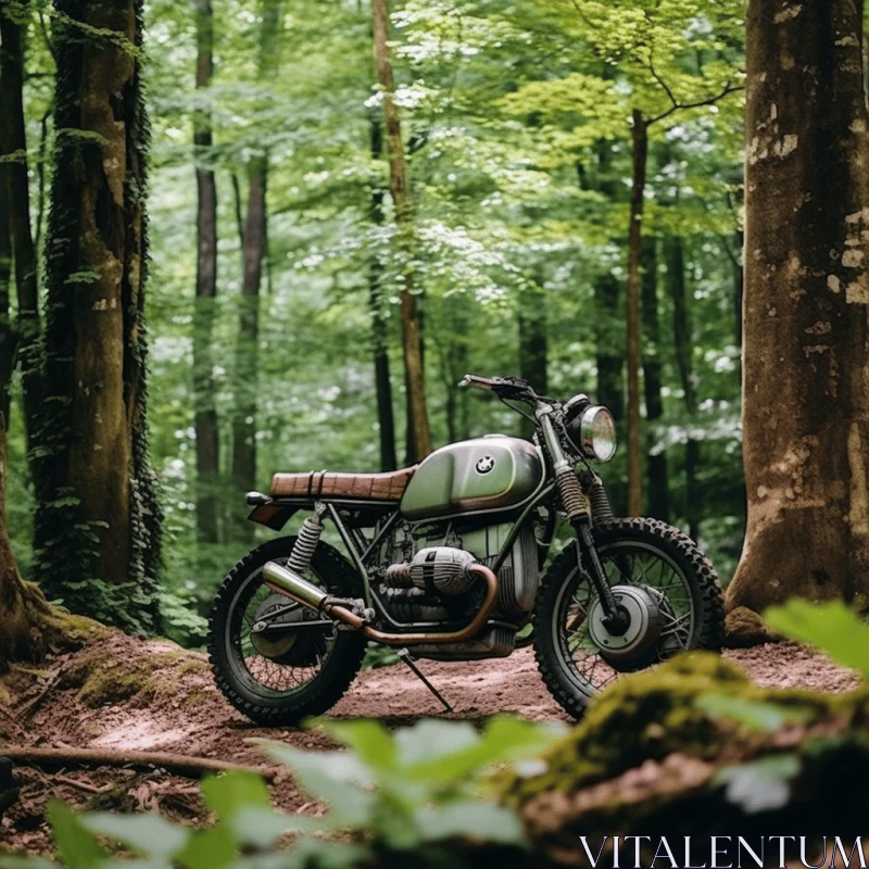 Brown BMW Motorcycle in Woods: Industrial Craftcore Photography AI Image