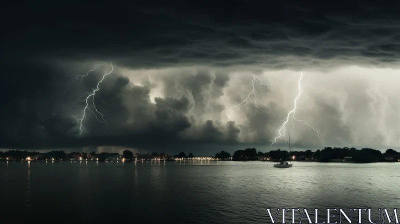 Dramatic Lightning Storm Over Lake AI Image