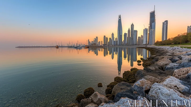 Dubai Marina Sunrise: Serene Beauty of Skyscrapers and Water AI Image