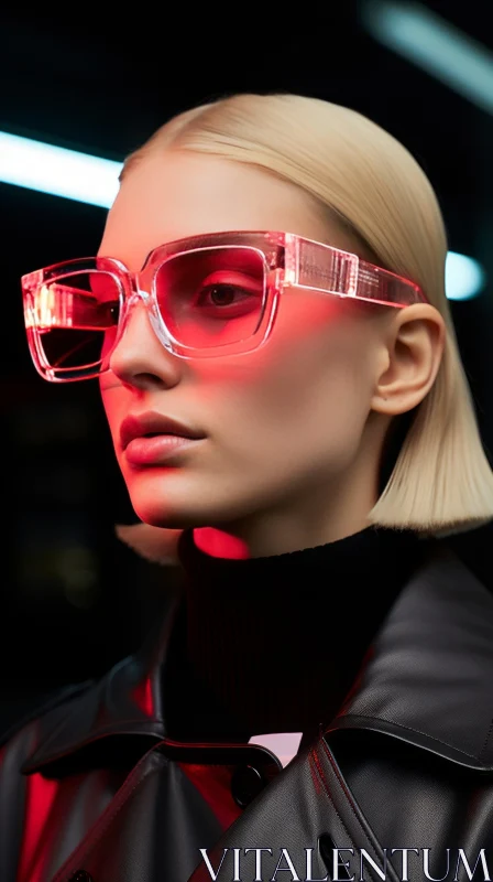 Fashion Portrait of a Serious Blonde Woman in Red Glasses AI Image