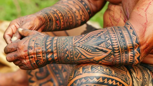 Intricate Geometric Tattoo Art on Indigenous Person's Arms and Hands