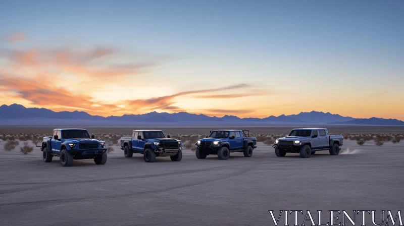 Raw and Edgy Blue Vehicles in the Desert at Sunset AI Image