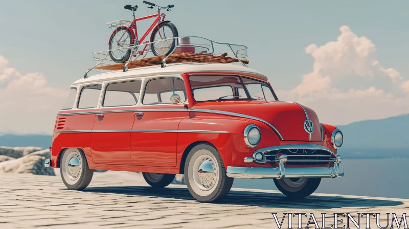 AI ART Red Vintage Car with Bicycle on Roof Rack | Seascape Background