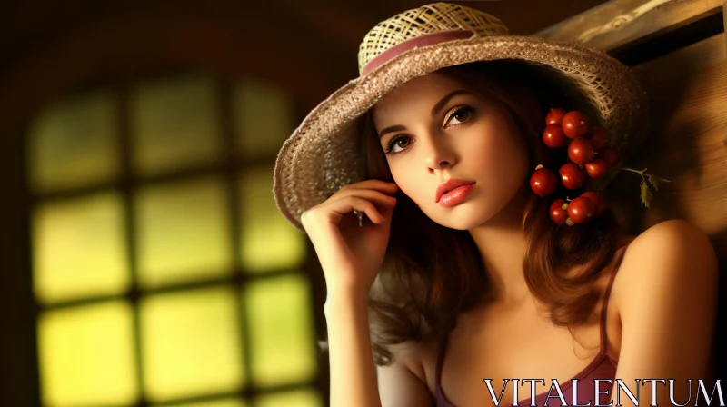 Serious Woman in Straw Hat and Purple Dress Portrait AI Image