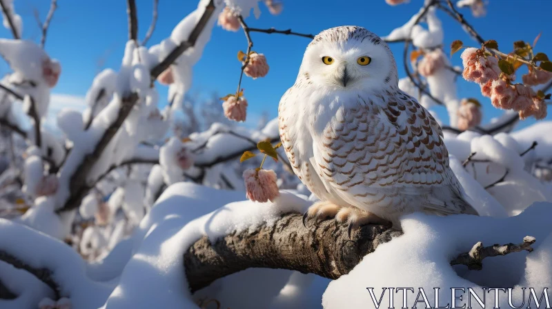 Snowy Owl Perched on Snowy Tree Branch AI Image