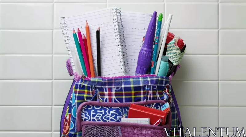 Stylish Purple Plaid School Backpack with Stationery Supplies AI Image