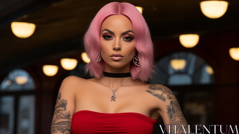 Stylish Woman with Pink Hair and Tattoos in Red Top AI Image