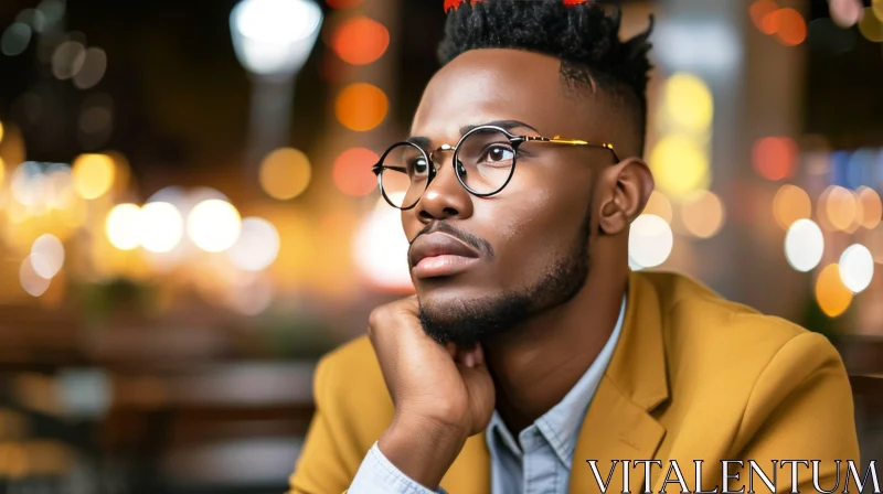 Thoughtful Young Man in a Dimly Lit Bar | African-American Man Contemplating AI Image