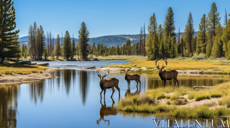 Tranquil River Landscape with Deer and Mountains AI Image