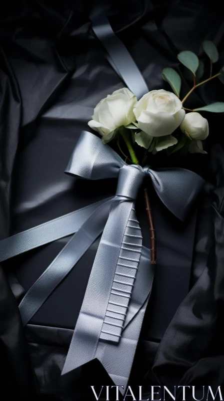 White Rose Bouquet with Silver Ribbon on Black Silk Background AI Image