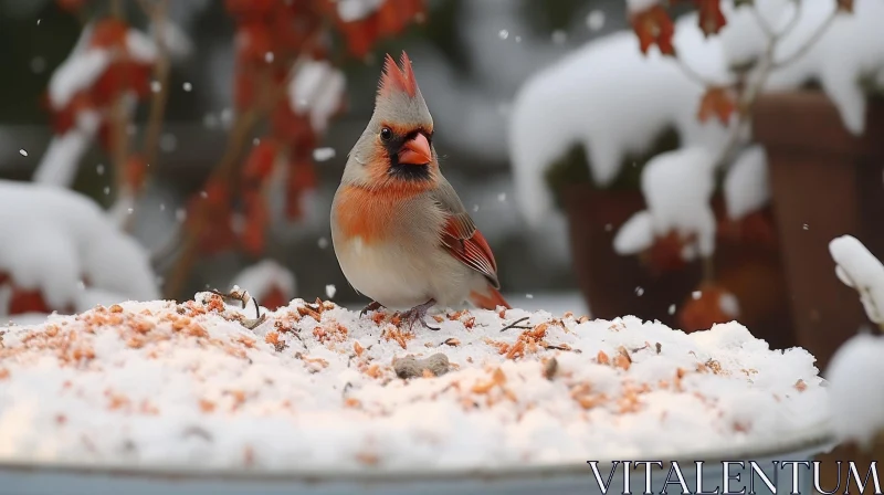 Winter Beauty: Northern Cardinal on Snowy Bird Feeder AI Image