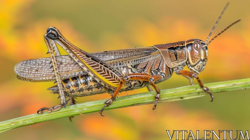 Brown Grasshopper on Green Stem - Nature Insect Photography AI Image